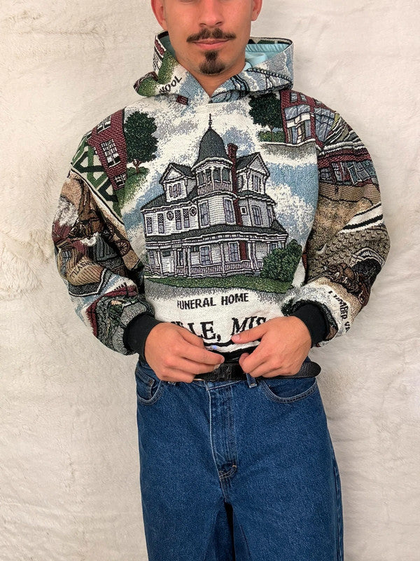 Sweat à capuche en tapisserie ample boxy unisexe unique fait main upcyclé tissé taille S n•1092