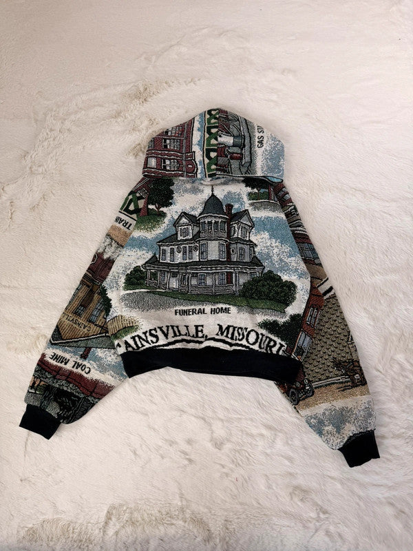 Sweat à capuche en tapisserie ample boxy unisexe unique fait main upcyclé tissé taille S n•1092