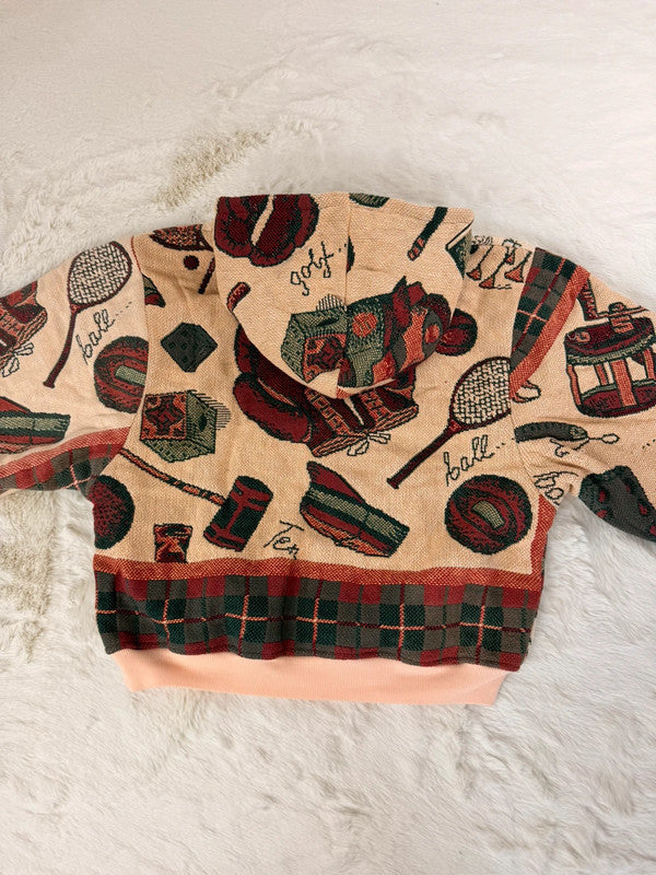 Sweat à capuche en tapisserie ample boxy unisexe unique fait main upcyclé tissé taille M n•1093