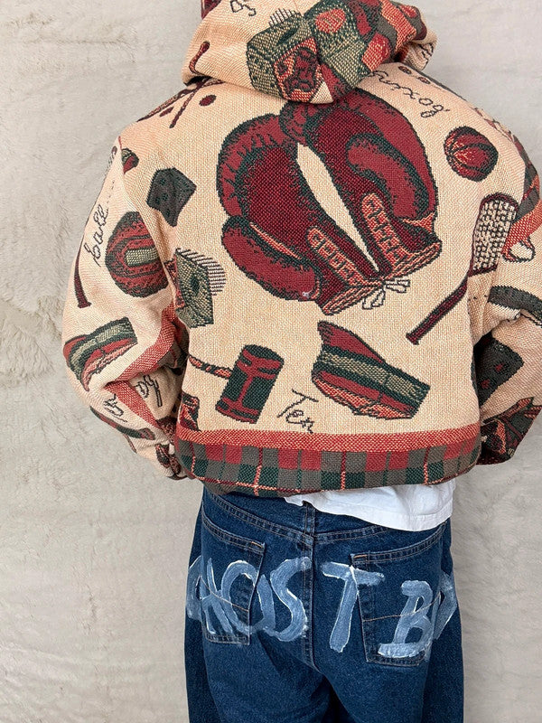 Sweat à capuche en tapisserie ample boxy unisexe unique fait main upcyclé tissé taille M n•1093
