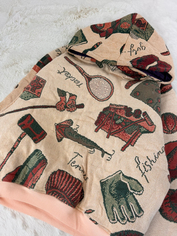 Sweat à capuche en tapisserie ample boxy unisexe unique fait main upcyclé tissé taille M n•1093