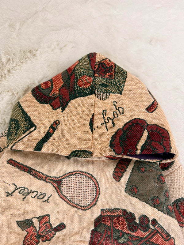 Sweat à capuche en tapisserie ample boxy unisexe unique fait main upcyclé tissé taille M n•1093