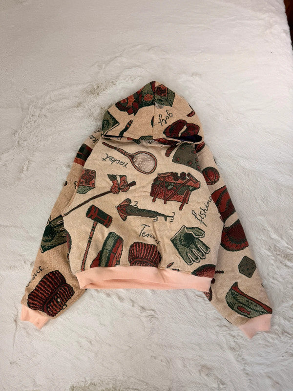 Sweat à capuche en tapisserie ample boxy unisexe unique fait main upcyclé tissé taille M n•1093