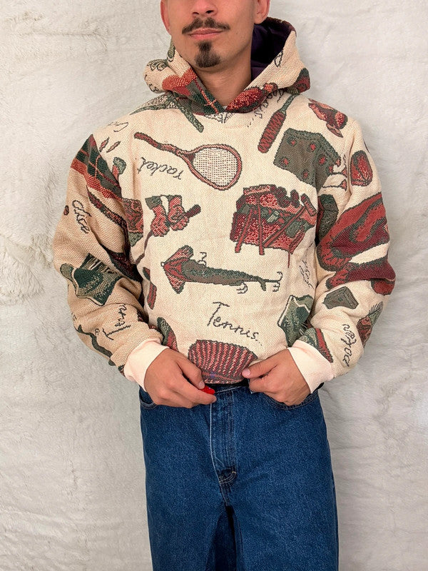 Sweat à capuche en tapisserie ample boxy unisexe unique fait main upcyclé tissé taille M n•1093