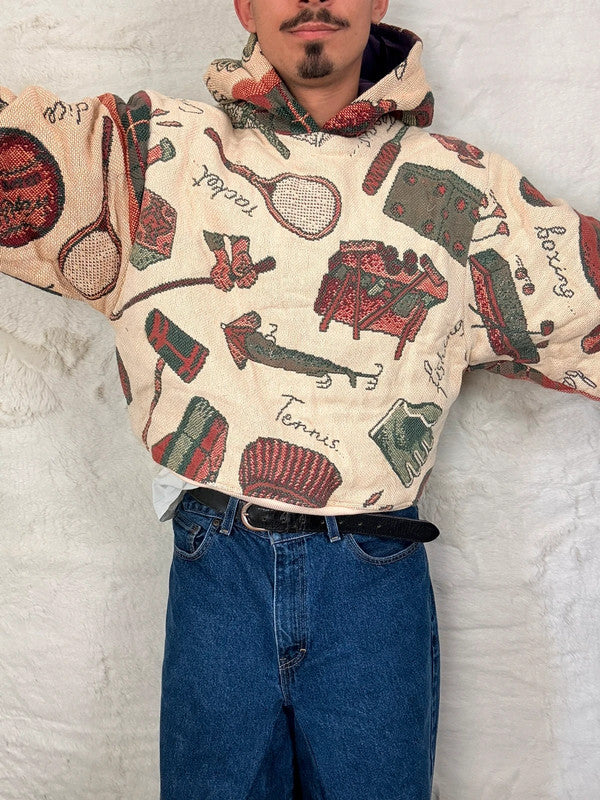 Sweat à capuche en tapisserie ample boxy unisexe unique fait main upcyclé tissé taille M n•1093