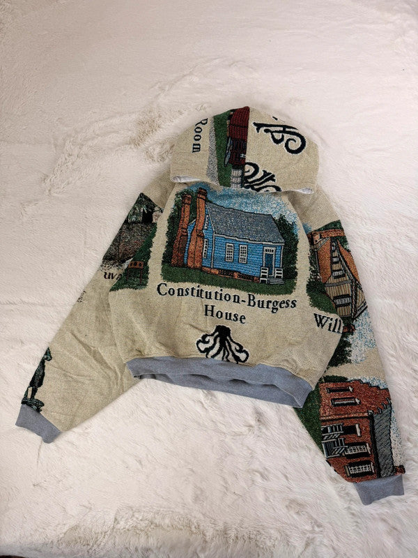 Sweat à capuche en tapisserie ample boxy unisexe unique fait main upcyclé tissé taille XL n•1094