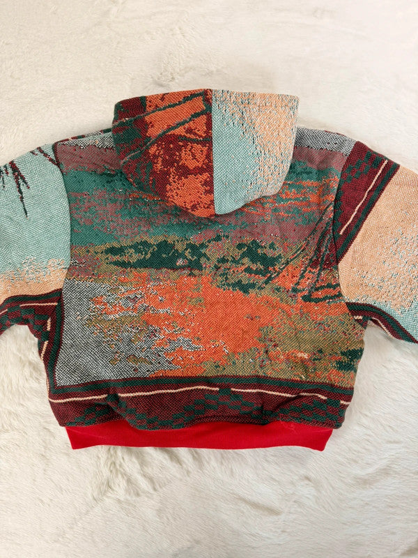 Sweat à capuche en tapisserie ample boxy unisexe unique fait main upcyclé tissé taille XS n•1095