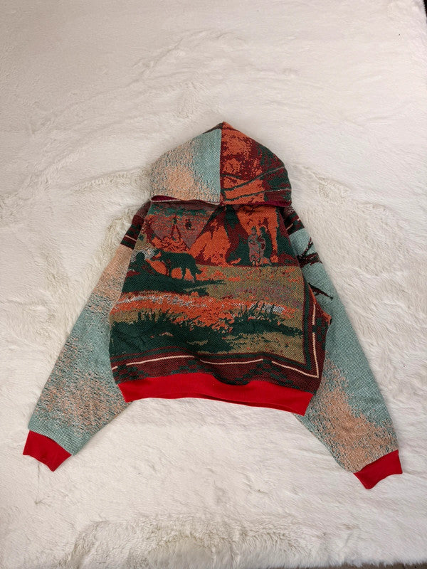 Sweat à capuche en tapisserie ample boxy unisexe unique fait main upcyclé tissé taille XS n•1095