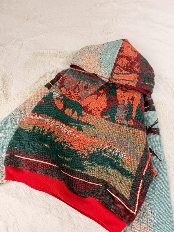 Sweat à capuche en tapisserie ample boxy unisexe unique fait main upcyclé tissé taille XS n•1095