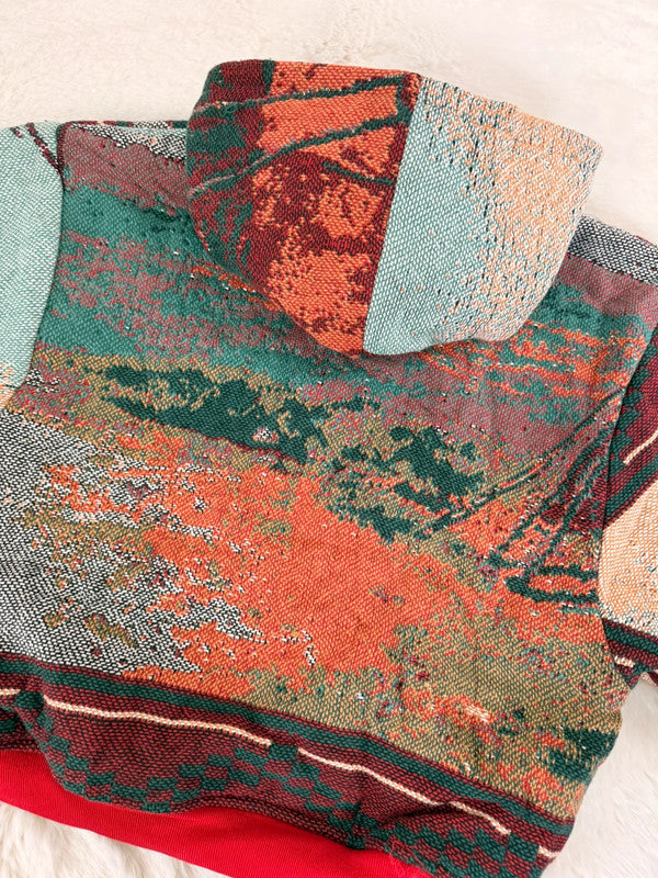 Sweat à capuche en tapisserie ample boxy unisexe unique fait main upcyclé tissé taille XS n•1095