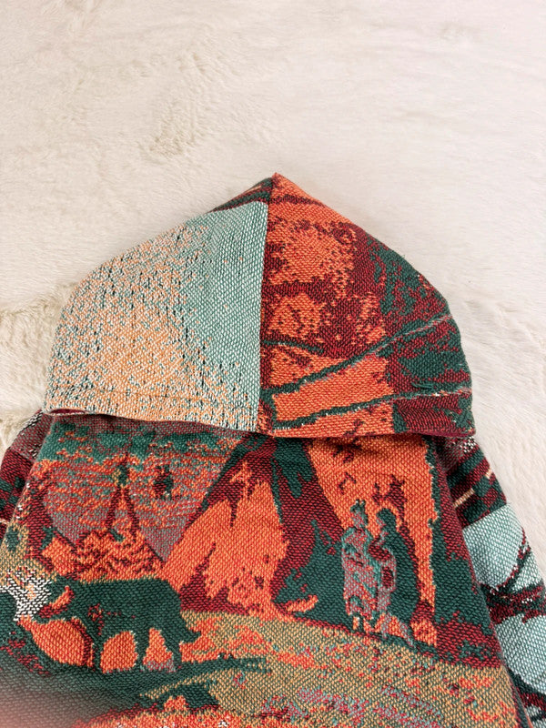 Sweat à capuche en tapisserie ample boxy unisexe unique fait main upcyclé tissé taille XS n•1095