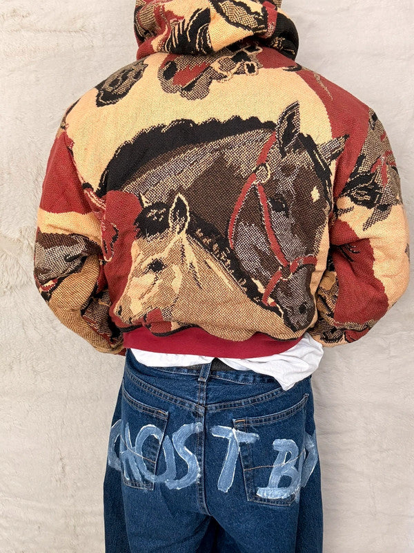 Sweat à capuche en tapisserie ample boxy unisexe unique fait main upcyclé tissé taille S n•1095