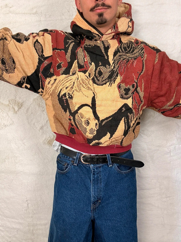 Sweat à capuche en tapisserie ample boxy unisexe unique fait main upcyclé tissé taille S n•1095