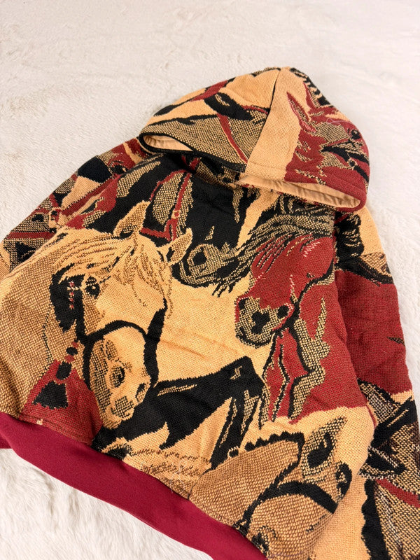 Sweat à capuche en tapisserie ample boxy unisexe unique fait main upcyclé tissé taille S n•1095