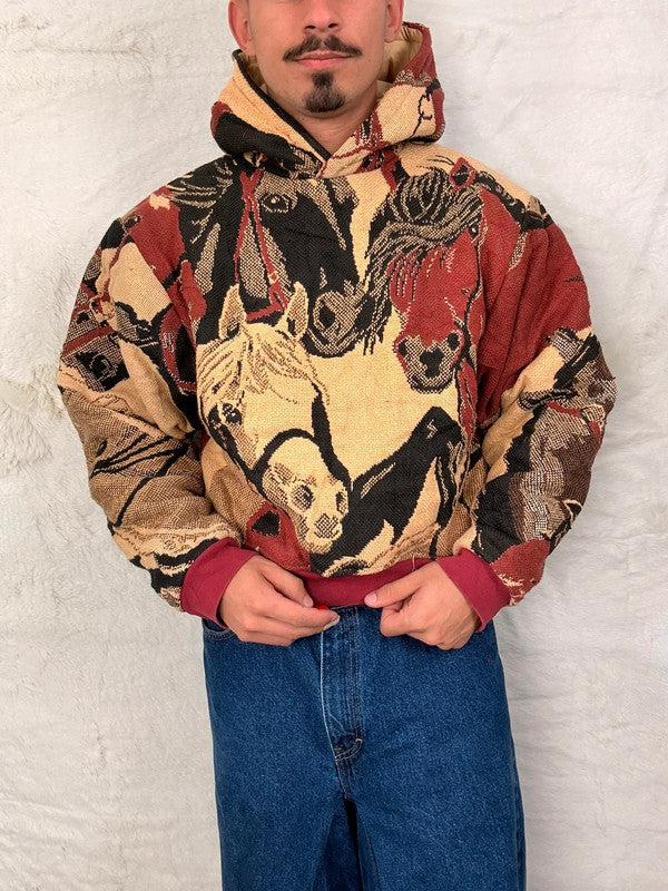 Sweat à capuche en tapisserie ample boxy unisexe unique fait main upcyclé tissé taille S n•1095