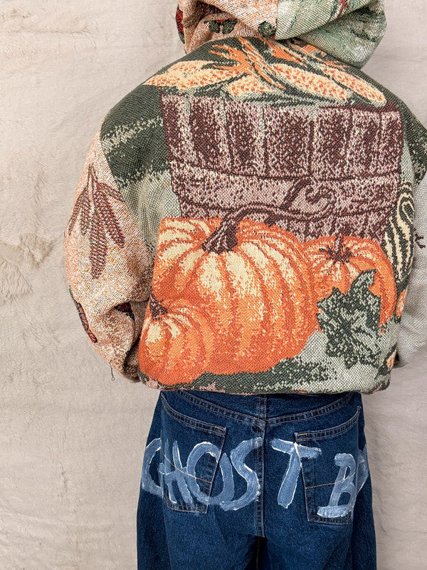 Sweat à capuche en tapisserie ample boxy unisexe unique fait main upcyclé tissé taille XL n•1097