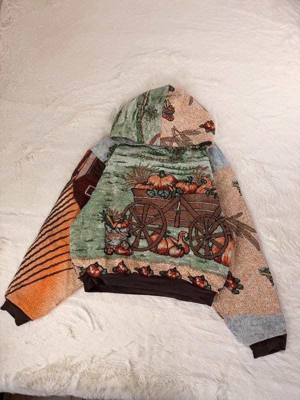 Sweat à capuche en tapisserie ample boxy unisexe unique fait main upcyclé tissé taille XL n•1097