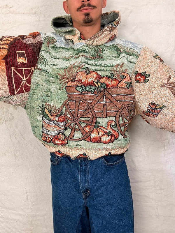 Sweat à capuche en tapisserie ample boxy unisexe unique fait main upcyclé tissé taille XL n•1097