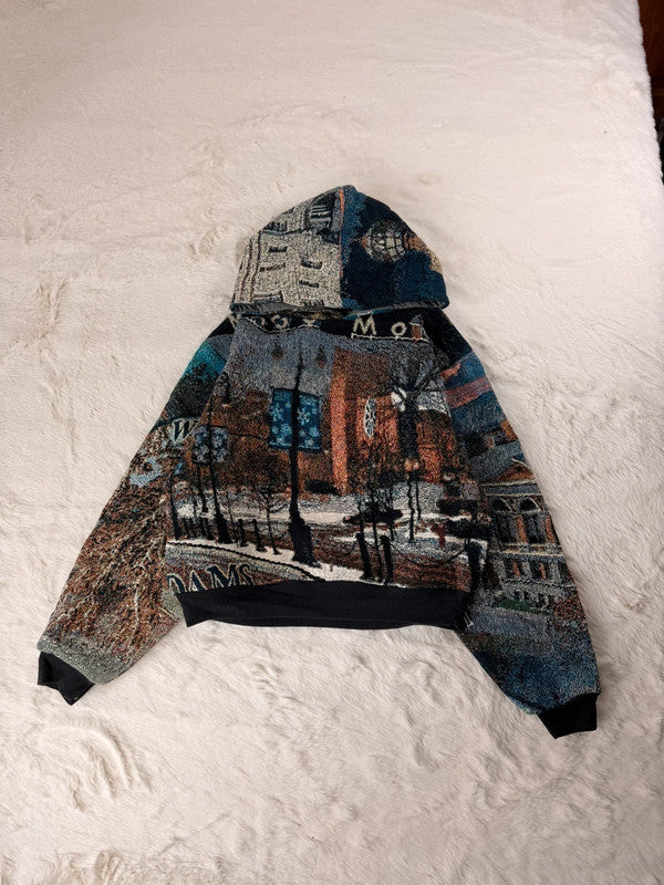 Sweat à capuche en tapisserie ample boxy unisexe unique fait main upcyclé tissé taille XS n•1098
