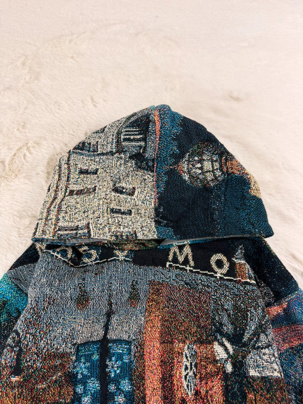Sweat à capuche en tapisserie ample boxy unisexe unique fait main upcyclé tissé taille XS n•1098