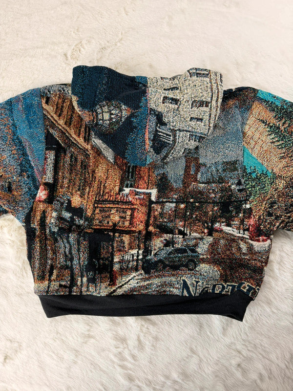 Sweat à capuche en tapisserie ample boxy unisexe unique fait main upcyclé tissé taille XS n•1098
