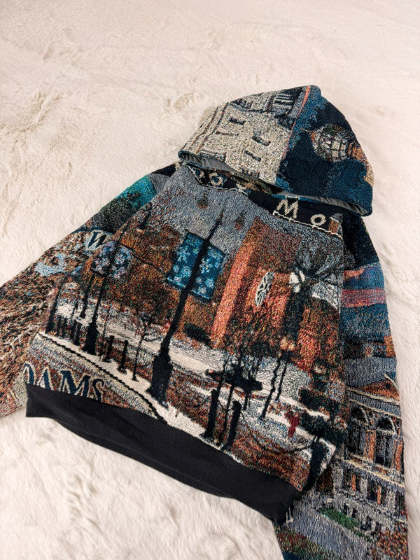 Sweat à capuche en tapisserie ample boxy unisexe unique fait main upcyclé tissé taille XS n•1098