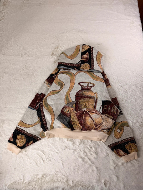 Sweat à capuche en tapisserie ample boxy unisexe unique fait main upcyclé tissé taille XL n•1099