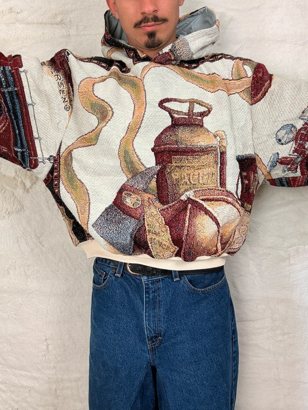Sweat à capuche en tapisserie ample boxy unisexe unique fait main upcyclé tissé taille XL n•1099