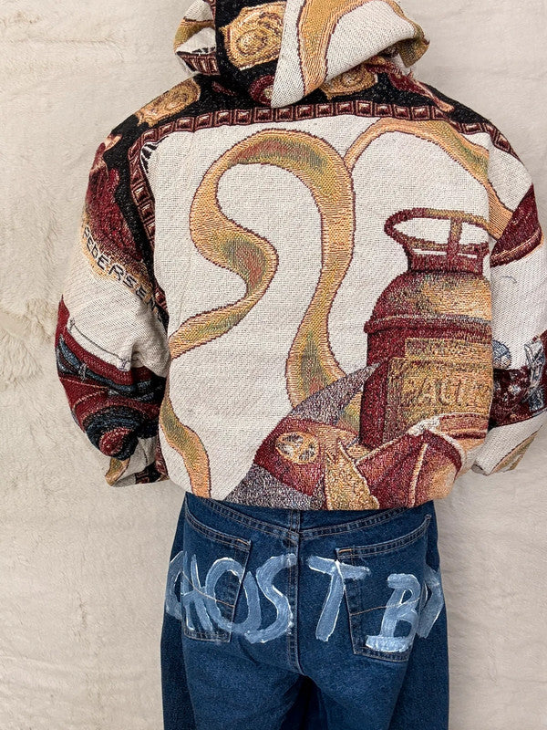 Sweat à capuche en tapisserie ample boxy unisexe unique fait main upcyclé tissé taille XL n•1099