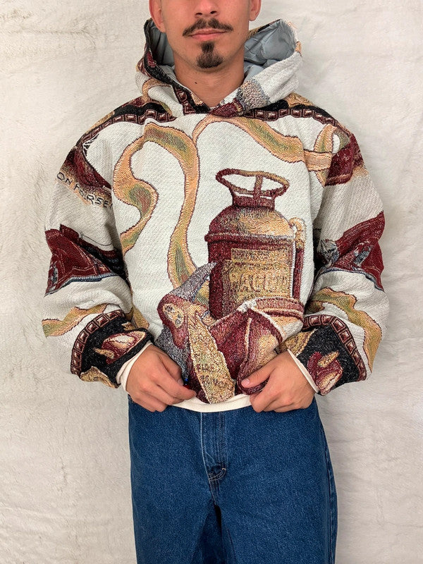 Sweat à capuche en tapisserie ample boxy unisexe unique fait main upcyclé tissé taille XL n•1099