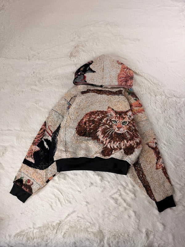 Sweat à capuche en tapisserie ample boxy unisexe unique fait main upcyclé tissé taille XS n•1100