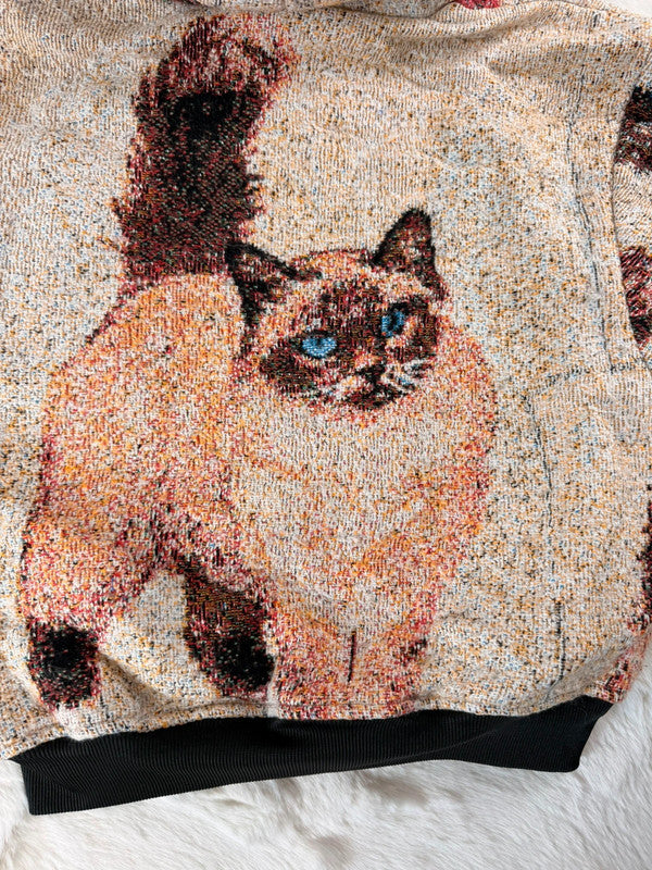 Sweat à capuche en tapisserie ample boxy unisexe unique fait main upcyclé tissé taille XS n•1100