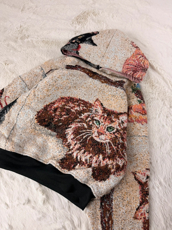 Sweat à capuche en tapisserie ample boxy unisexe unique fait main upcyclé tissé taille XS n•1100