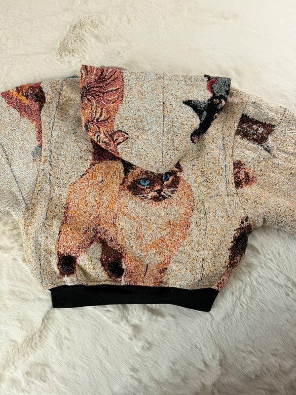 Sweat à capuche en tapisserie ample boxy unisexe unique fait main upcyclé tissé taille XS n•1100