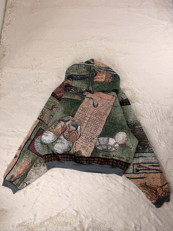 Sweat à capuche en tapisserie ample boxy unisexe unique fait main upcyclé tissé taille XL n•1101