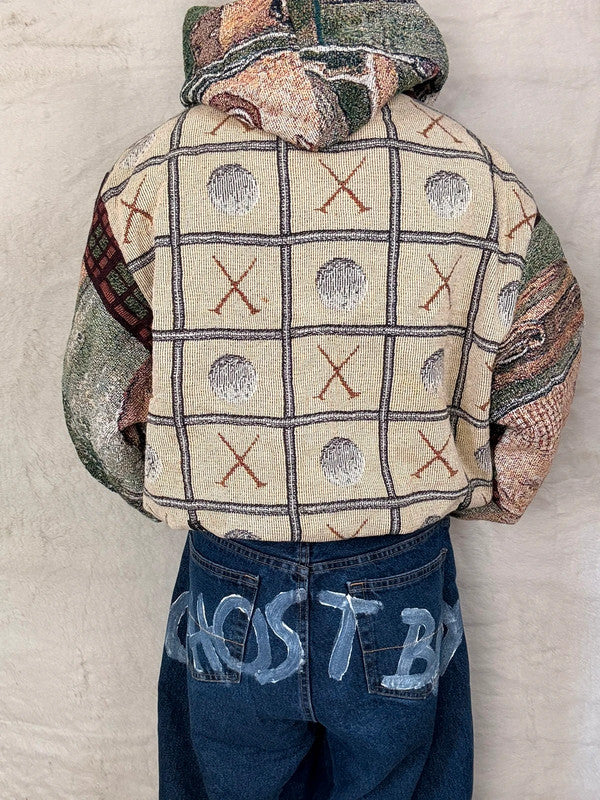 Sweat à capuche en tapisserie ample boxy unisexe unique fait main upcyclé tissé taille XL n•1101