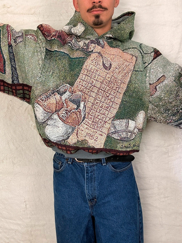 Sweat à capuche en tapisserie ample boxy unisexe unique fait main upcyclé tissé taille XL n•1101
