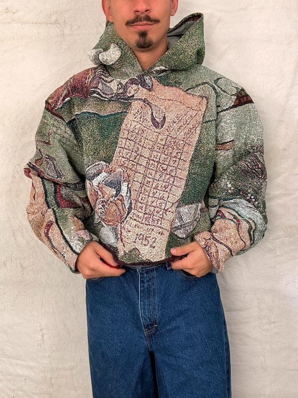 Sweat à capuche en tapisserie ample boxy unisexe unique fait main upcyclé tissé taille XL n•1101