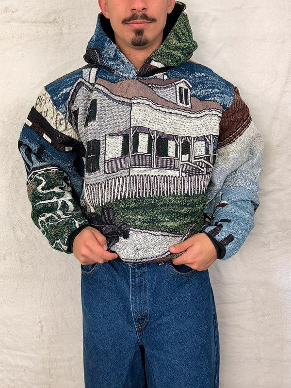 Sweat à capuche en tapisserie ample boxy unisexe unique fait main upcyclé tissé taille XL n•1102