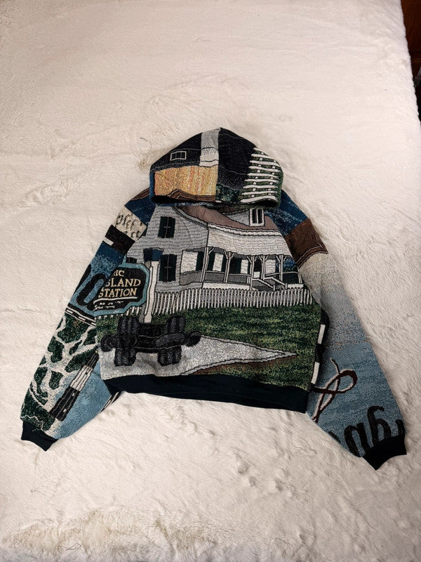 Sweat à capuche en tapisserie ample boxy unisexe unique fait main upcyclé tissé taille XL n•1102