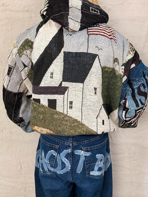 Sweat à capuche en tapisserie ample boxy unisexe unique fait main upcyclé tissé taille XL n•1102