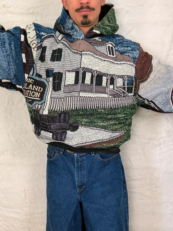 Sweat à capuche en tapisserie ample boxy unisexe unique fait main upcyclé tissé taille XL n•1102