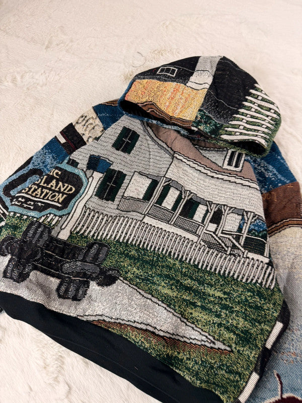 Sweat à capuche en tapisserie ample boxy unisexe unique fait main upcyclé tissé taille XL n•1102