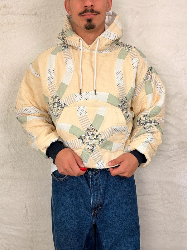 Sweat à capuche en tapisserie ample boxy unisexe unique fait main upcyclé tissé taille M n•1105
