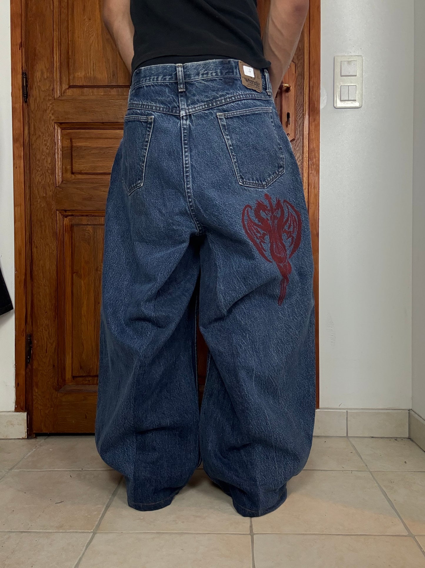 Pantalon baggy en denim upcyclé large style skater streetwear y2k hip-hop 90’s - Pièce unique L n•5