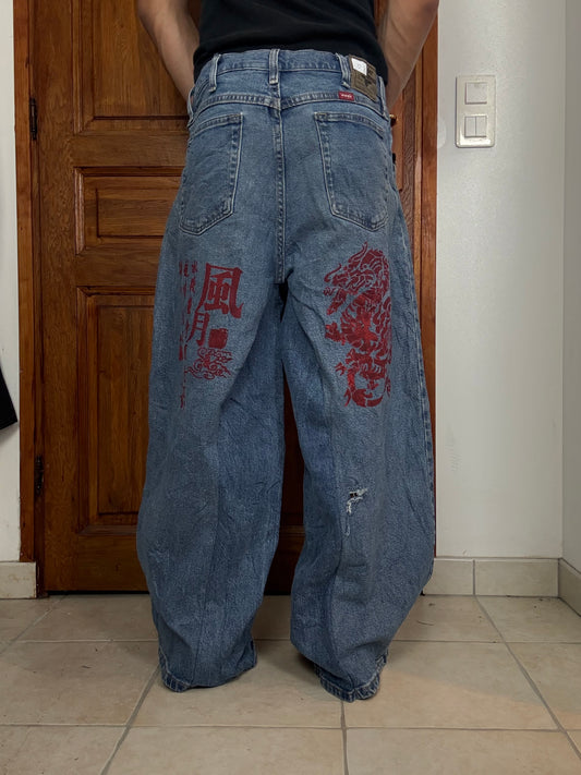 Pantalon baggy en denim upcyclé large style skater streetwear y2k hip-hop 90’s - Pièce unique M n•20