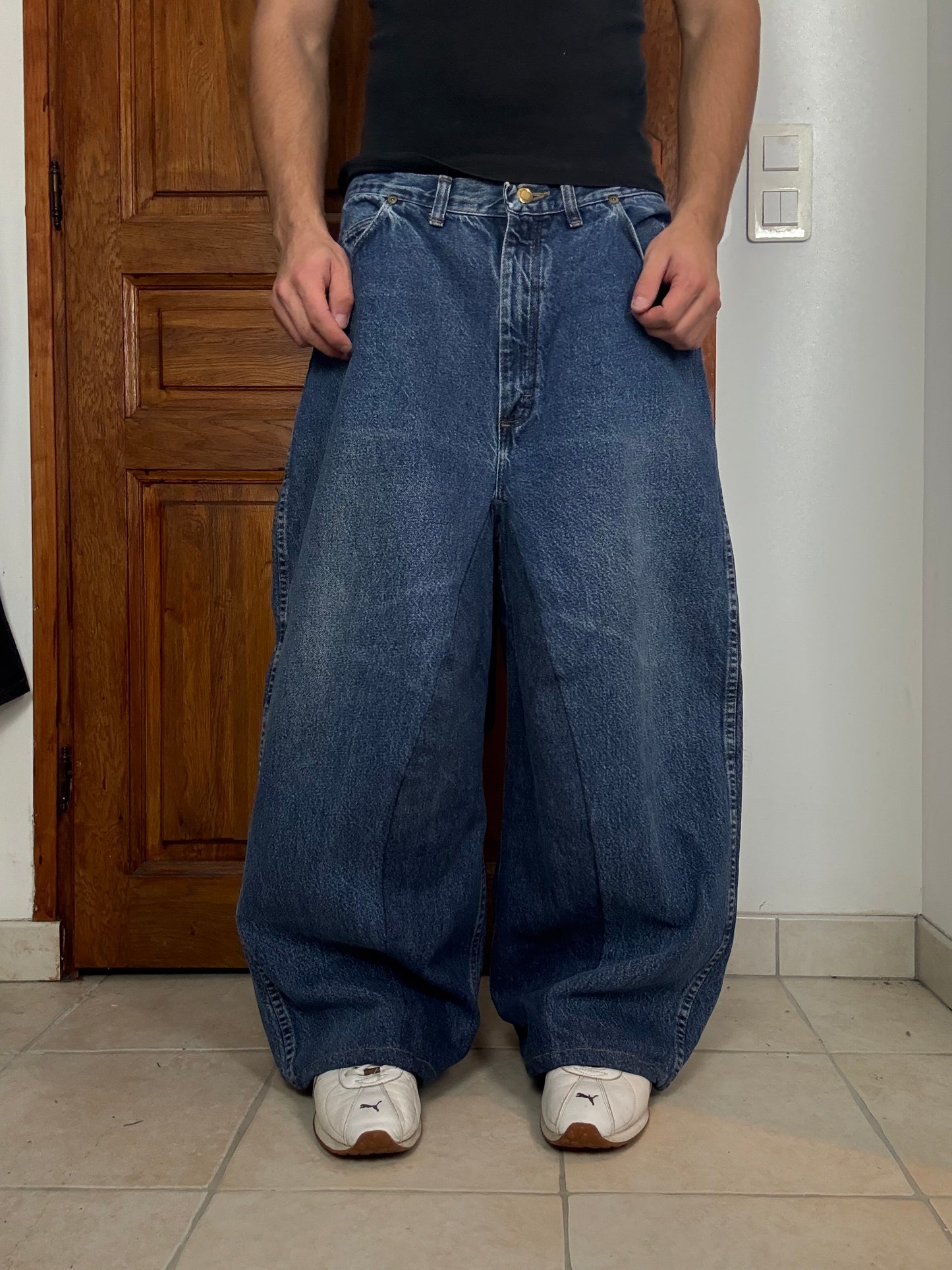 Pantalon baggy en denim upcyclé large style skater streetwear y2k hip-hop 90’s - Pièce unique L n•5